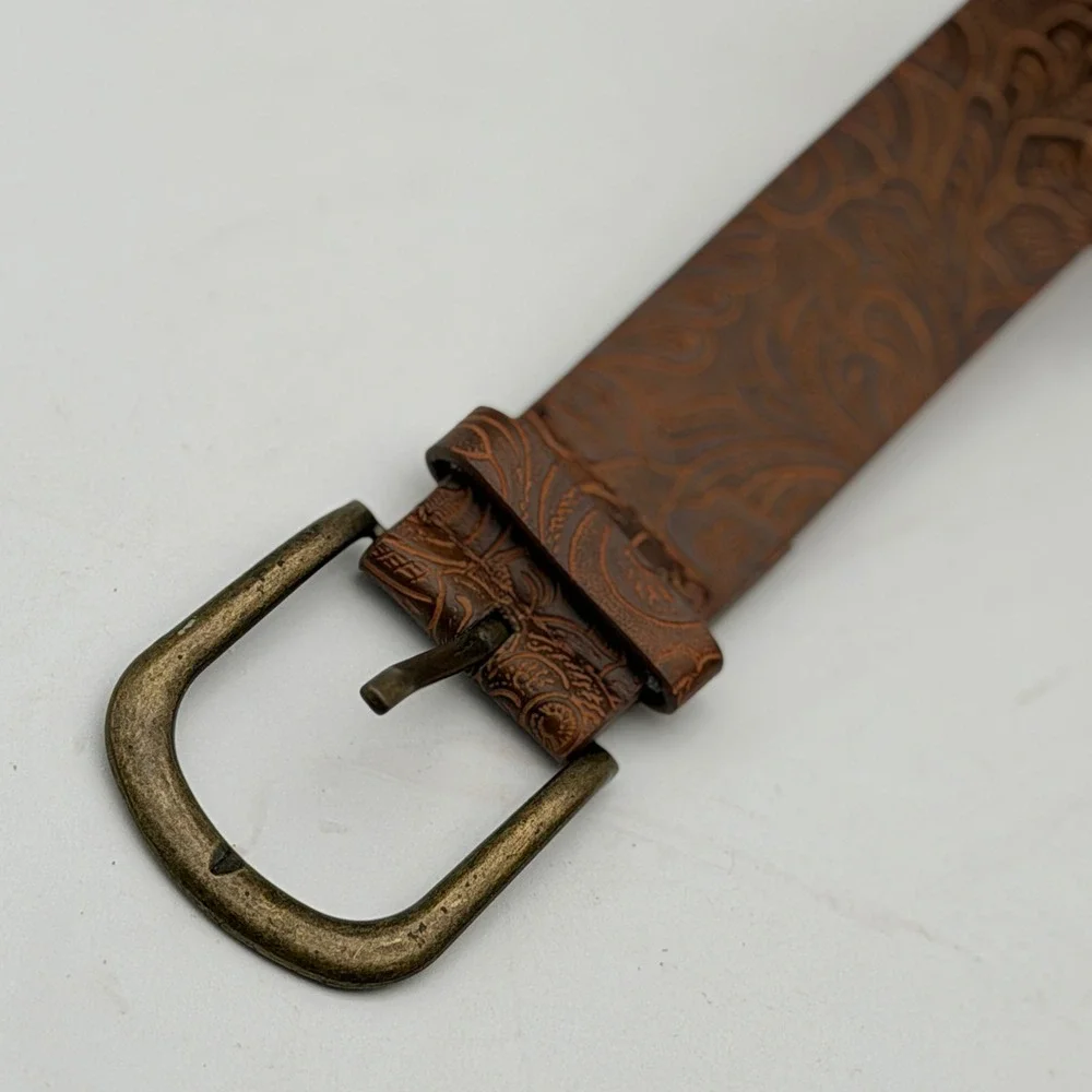 Brown Tooled Floral Embossed Western Belt Antique Brass Buckle 46 Inch Boho